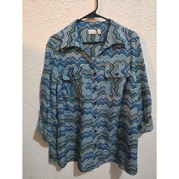 Kim Rogers Womens 2X Button-Up Zigzag Pattern Shirt With Roll-Tab Sleeves boho - Picture 7 of 7